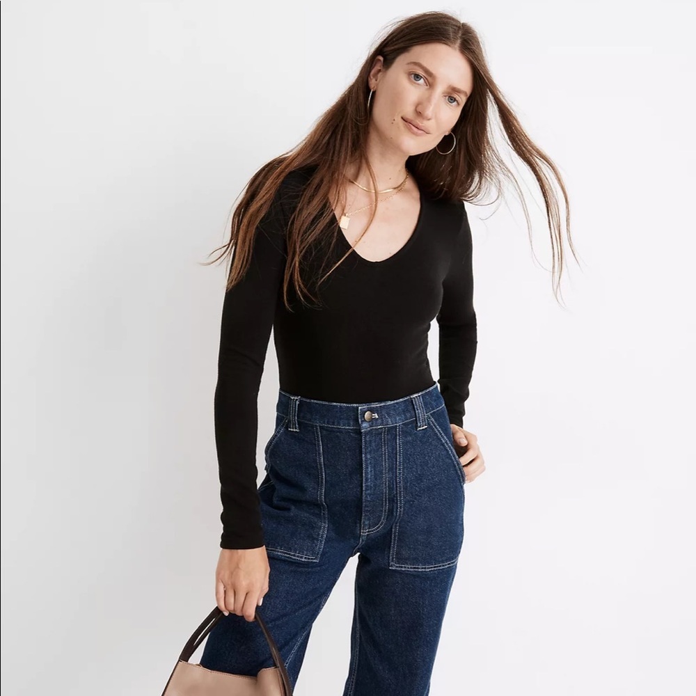 •NEW • Madewell • Long Sleeve V Neck Full Coverage Bodysuit Black Medium - Picture 1 of 4